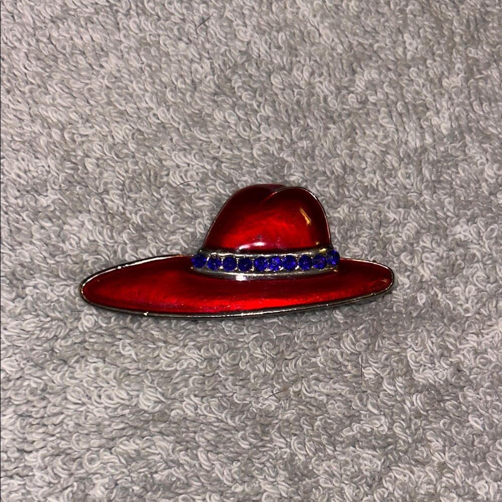 Fun Red Hat Brooch with Purple Accents